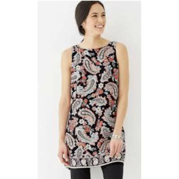 J Jill Paisley Overlay Layered Tunic Tank Top Medium Black Split Back Sleeveless - Picture 2 of 11